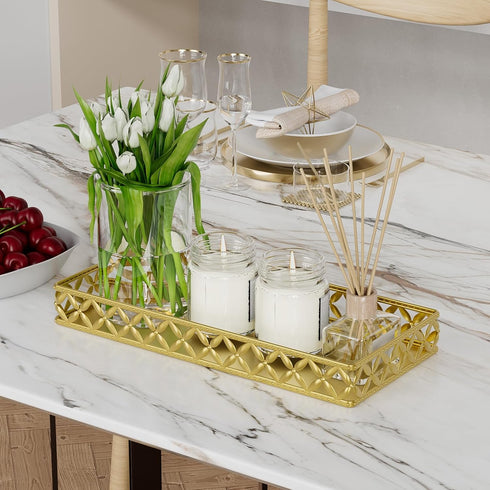 11 Inch Gold Bathroom Vanity Tray, Small Decorative Countertop Organizer for Perfume, Makeup, Cosmetic Jewelry