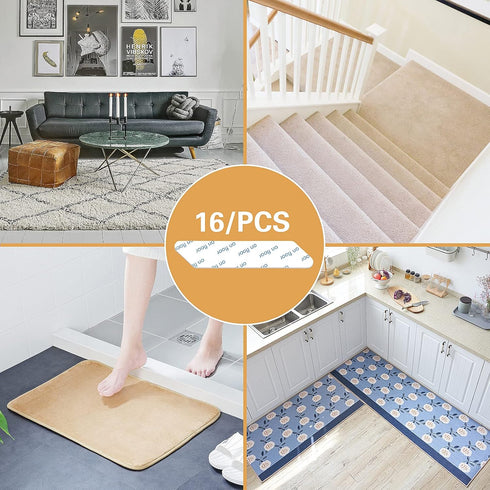 Rug Tape, 16 Pcs Dual Sided Washable Removable Rug Stopper, Non-Slip Adhesive for Hardwood Floors