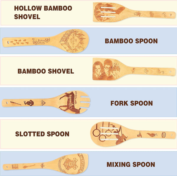 Wooden Cooking Spoons Set of 7 Pieces, Magical Bamboo Kitchen Utensils with Engraved Patterns, Magic Cooking Spoons Mom