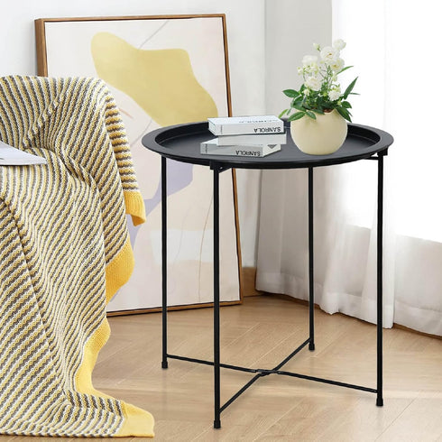 4 Garden you End Table Metal Side Table Black Round Folding Tray Cyan Sofa Small Accent Fold-able Table, Round End