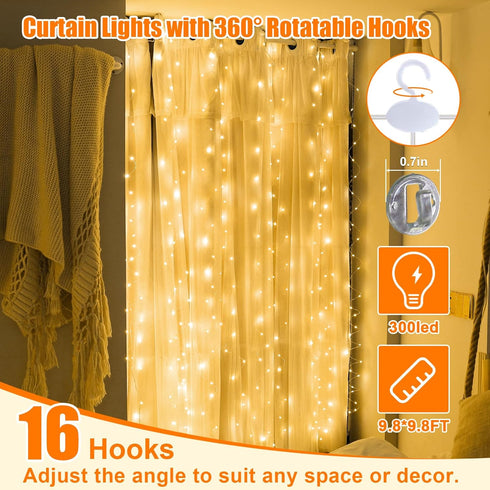 Warm White Curtain Light, 300 LED 9.8ft x 9.8ft Fairy String Light with 16 Hooks, Remote Control for Indoor Decorations