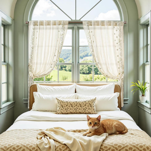 jinchan 45 Inch 2 Winslow Linen Curtains Length Small Window Curtains Embroidered Bordered Floral Drapes Light