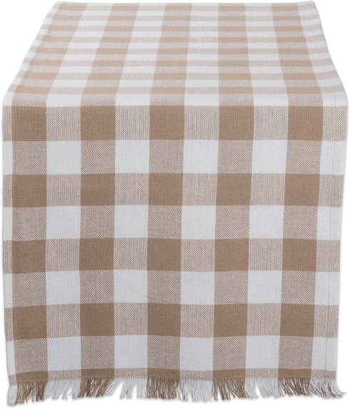 DII - Heavyweight Fringed Check Table Runner, 14x72, Stone Brown