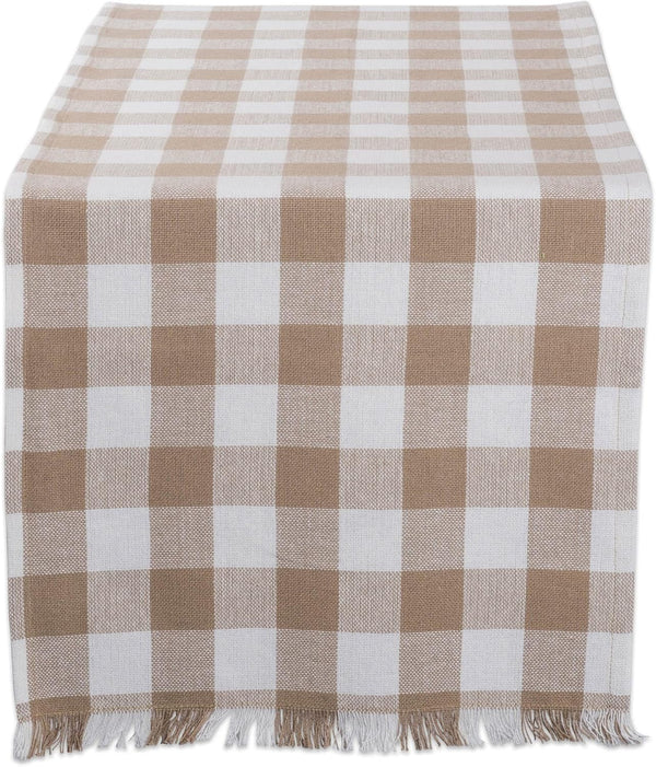 DII - Heavyweight Fringed Check Table Runner, 14x72, Stone Brown