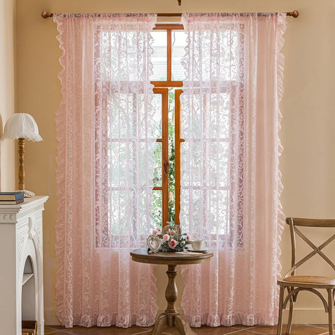 96 Inches 1 59 96 Inch TUDECO Pink Ruffle Curtains Long - Feminine Light Pink Sheer Floral Girly Curtains for Baby