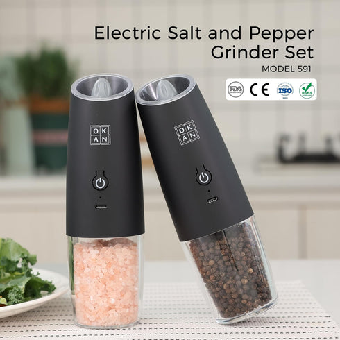 Set 591 (100ml) Electric Salt and Pepper Grinder Gravity Tilt-to-Grind, USB-C Rechargeable, Adjustable Ceramic Burr