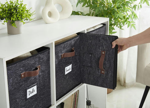 DECOMOMO Storage Baskets 13x15x13 - Storage Cube Bins with Label Holders for Organizing Shelves, 4pcs, Black Pattern
