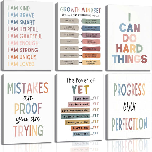 6Pcs Educational Growth Mindset Canvas Wall Art Kids Mental Health Therapy Paintings