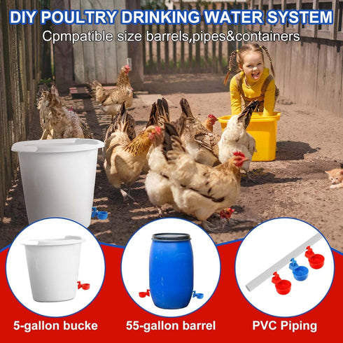50 Packs Tanlade Chicken Waterer Chicken Feeder, Automatic Waterer Kit for Poultry Duck Goose Turkey Bunny (Red,Blue)