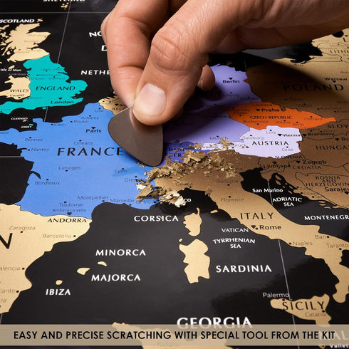Scratch off Map of Europe, 24x16 Travel Map Poster with Cities, Large Black and Gold Push Pin Wall Map