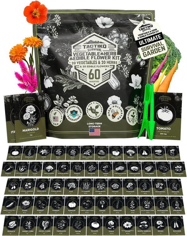 Tactiko Survival 60 Medicinal & Survival Seed Kit Heirloom Non-GMO USA Grown