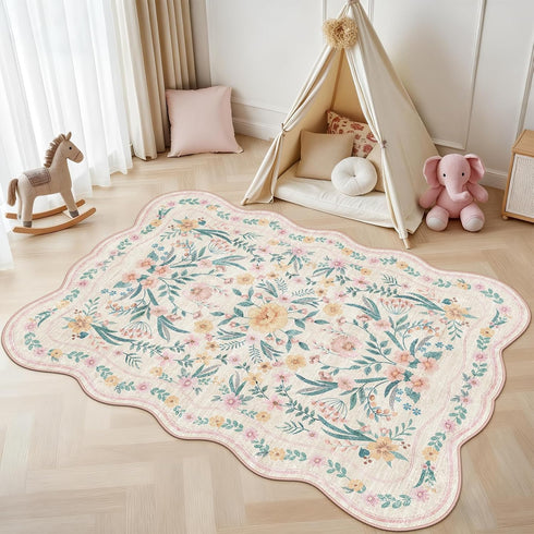 5X7 Pink Floral Rug for Girls Bedroom or Nursery, Scalloped Washable Non-Slip Area Rug, Cute Soft Boho Carpet for Kids