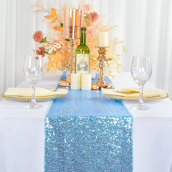 ShinyBeauty Baby Blue Sequin Table Runner 13''x108'', Light Blue Kitchen Linen for Party, Thanksgiving, Baby Shower