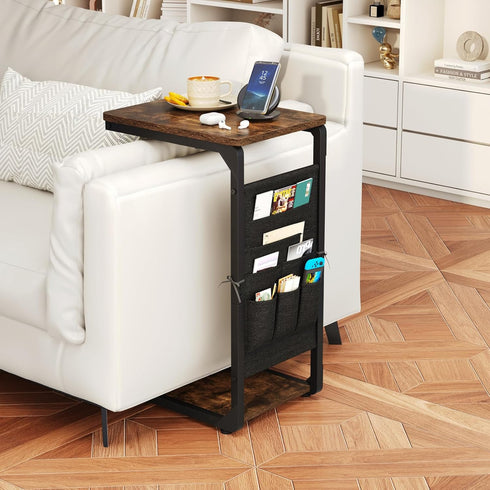 Vovonusy ET-P-BR1 Wood Pedestal Small TV Trays for Eating, C Shaped End Table Storage Bag, Sofa Side Table Couch Desk