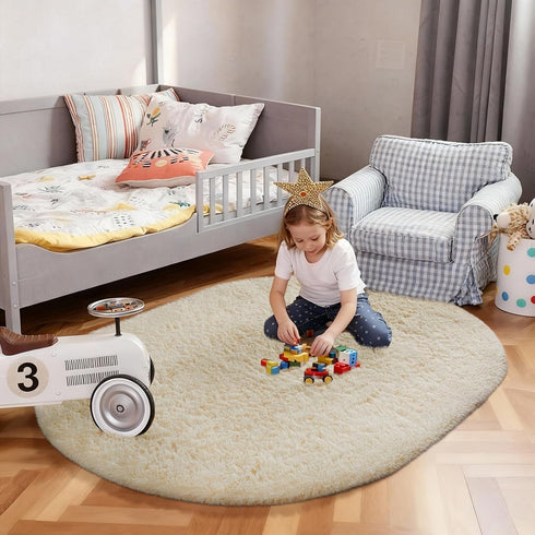 4x6 Ophanie Oval Ivory Rugs for Bedroom Living Room, Fluffy Fuzzy Furry Carpet, Plush Soft Shaggy Bedside Indoor Floor