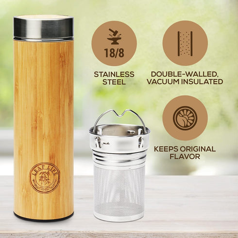 LeafLife 17oz Premium Bamboo Tea Bottle - Insulated Tea Infuser Bottle - Loose Tea Gifts & Accessories