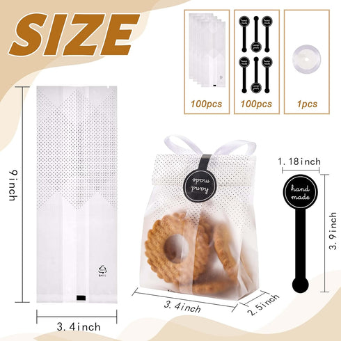YunKo Cookie Bags for Gift Giving, Clear Cellophane Treat Bags for Favors, 100PACK, Black Dot