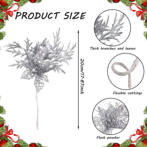 Gejoy 8 Pcs Christmas Tree Picks with Glitter, Faux Flower, Artificial Leaves, 7.8 Inch, Silver for Holiday Decor