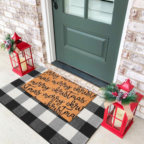 KIMODE Buffalo Plaid Front Door Mat, 24"x35", Black and White Checkered Cotton Woven Rug