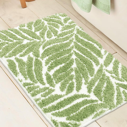 Sage Green Leaf Bathroom Rugs - Non-Slip Machine Washable Bath Mats for Sink, Bathtub, Shower 20" x 32"