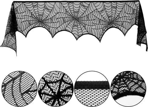 Blulu 2 Pieces Spiderweb Fireplace Mantle Scarf, Lace Halloween Decoration Cover for Home Party Supply (Black, 18 by 96