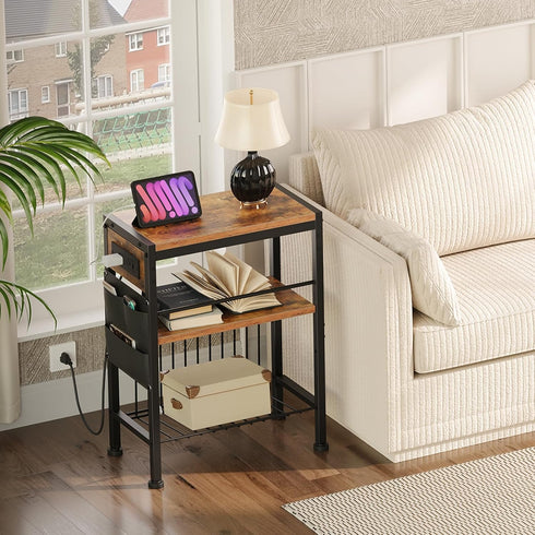 3-Tier BF412UBZ01 HOOBRO End Table with Charging Station, Small Side Table with Magazine Holder, Nightstand Bedside