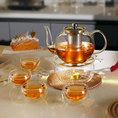 900ml CNGLASS Glass Teapot with Removable Infuser,Clear Tea Kettle Stovetop Safe,Blooming and Loose Leaf Tea Maker