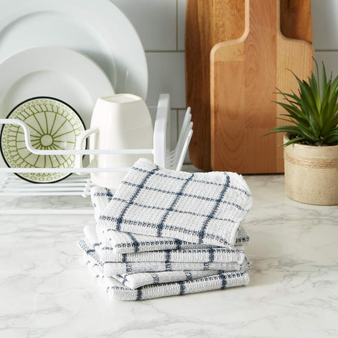 Set, 12x12, 6 DII Scrubber Dishcloths Collection Windowpane Dishrag White/Nautical Blue Stripe, Piece