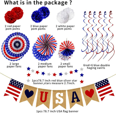 26Pcs 4th Patriotic Decorations of July Decorations LOVE USA Banner Red White Blue Paper Fans Star Streamer Pom Poms