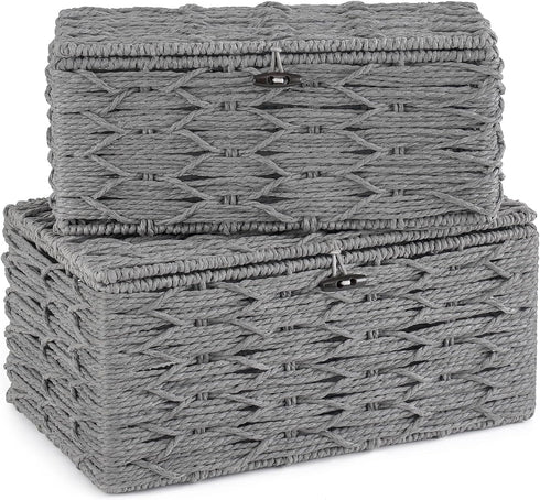 Mkono Storage Baskets Bin with Lid, Decorative Handwoven Organizer for Shelves, Set of 2, Grey