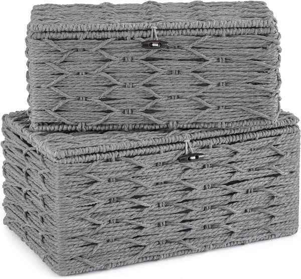 Mkono Storage Baskets Bin with Lid, Decorative Handwoven Organizer for Shelves, Set of 2, Grey