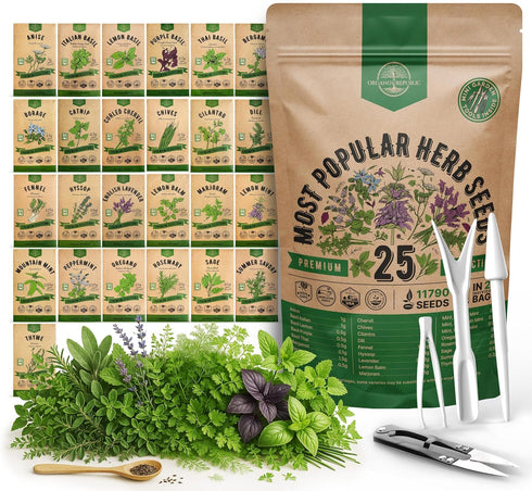 25 Most Popular Herb Seeds Variety Pack - 11,700 Non-GMO Heirloom Seeds