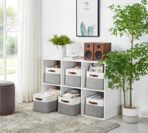 Closet 3 Pack) DECOMOMO Storage Baskets for Shelves - Fabric Storage Bins, Linen Organizers and Storage (Grey & White