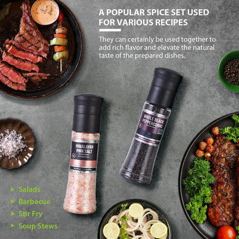 6.7oz (190g) 13.4oz (380g), Set. Soeos Whole Black Peppercorns, and Himalayan Pink Salt, Plastic Bottle Grinder