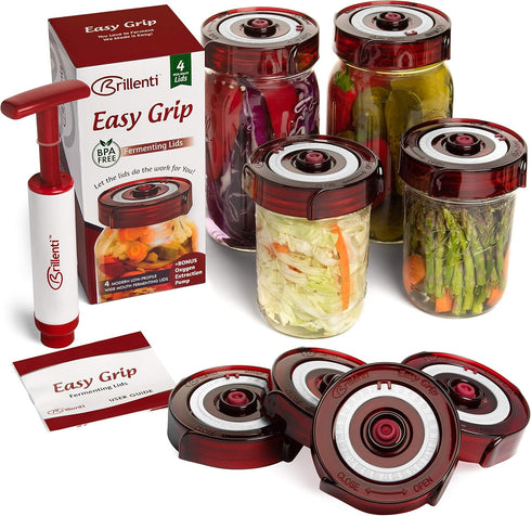 Fermenting Lids Kit for Wide Mouth Mason Jars, 4 Waterless Airlock Lids, Easy Grip with Oxygen Pump, Tracks Ferment Date