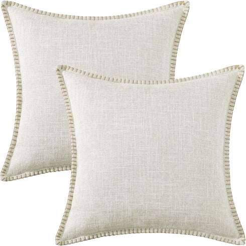 decorUhome Decorative Outdoor Throw Pillow Covers, 16x16 Set of 2, Rustic Neutral Farmhouse Linen for Couch