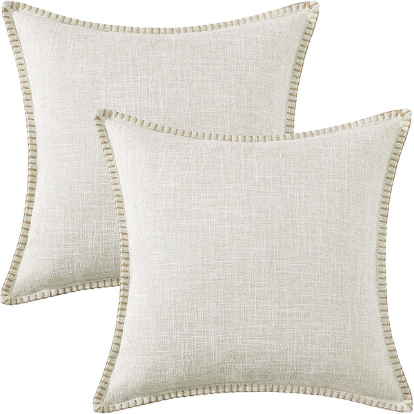 decorUhome Decorative Outdoor Throw Pillow Covers, 16x16 Set of 2, Rustic Neutral Farmhouse Linen for Couch