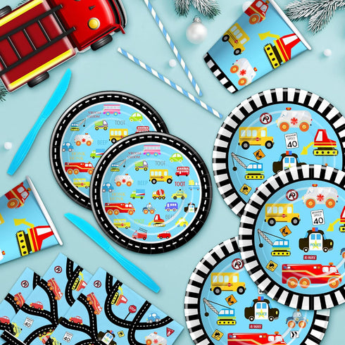 Xigejob 24 Traffic Jam Cars Trucks Transportation Birthday Party Supplies Dinnerware, Plate, Cup, Napkin, Tablecloth
