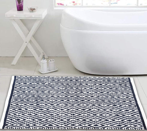 Ramanta Home 100% Cotton Diamond Rug, 21x34 Hand Woven Reversible Washable Rug - Navy, for Bathroom, Entry, Living Room