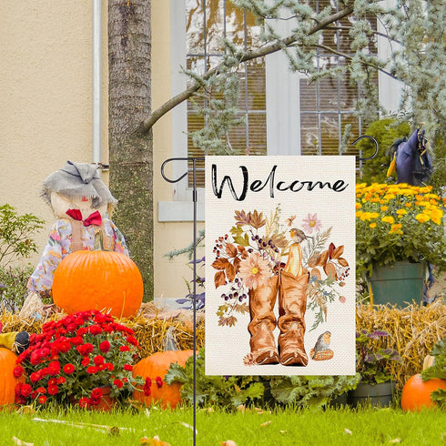Welcome Boots Garden Flag, Vertical Double Sided Flower Bird Autumn Fall Decor 12.5 x 18 Inches