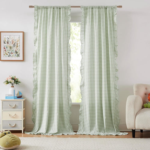 ZJDECOR Buffalo Plaid Ruffled Curtains 84 Inches Length,Rustic Not-See-Through Sheer Curtains,Shabby Chic