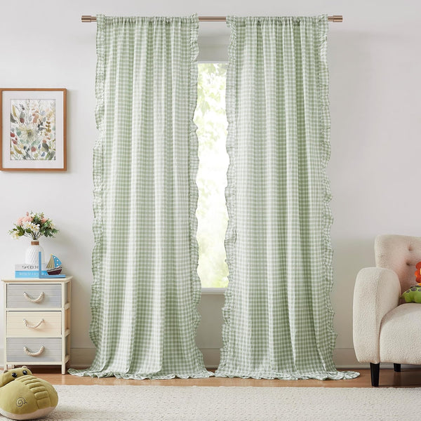 ZJDECOR Buffalo Plaid Ruffled Curtains 84 Inches Length,Rustic Not-See-Through Sheer Curtains,Shabby Chic