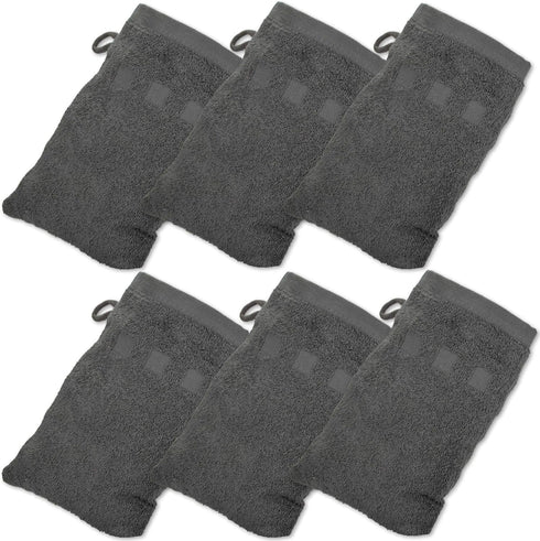 Made Easy Kit Bath Mitts - European Style Washcloth with Loop, Charcoal, Pack of 6 (6" x 9")
