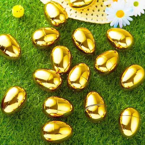 18Pcs 2.3" JOYIN Gold Easter Eggs, Metallic Plastic Empty Eggs Fillable for Easter Hunt Supplies, Basket Stuffers, Toys