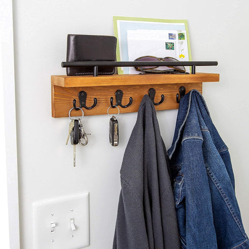 Mail and Key Holder for Wall, Decorative Wooden Shelf with Hooks, Wall Mounted Coat Rack (Light Brown)