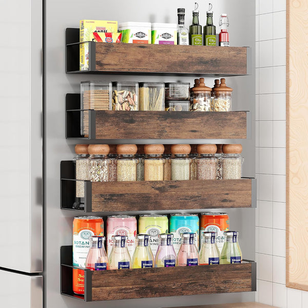 Vetacsion 2/3/4 Pack Moveable Fridge Magnetic Spice Racks,Metal Black/White (Wood)