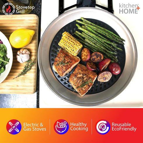 Kitchen + Home Indoor BBQ Stove Top Smokeless Grill, Stainless Steel with Double Coated Non Stick Surface