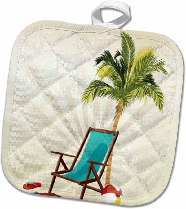 3D Rose Pot Holder, One Palm Tree with Beach Lounge Chair and Flip Flops Design, 8 x 8