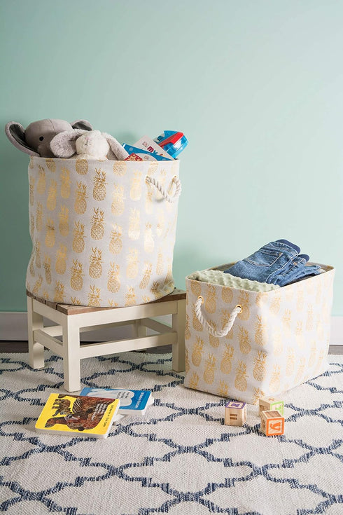 DII Gold Metallic Collection Polyester Storage Bin, Collapsible with Handles, Medium, Pineapple