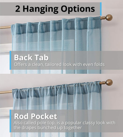 HLC.ME Lauren Semi Sheer Light Filtering Transparent Pocket Top & Back Tab Lightweight Floor Length Window Curtains, 2